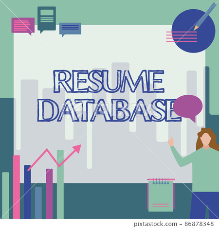 Text sign showing Resume Database. Business showcase database of candidates that you can search by skillset Businesswoman Casual Standing Presenting Charts And New Wonderful Ideas. 86878348