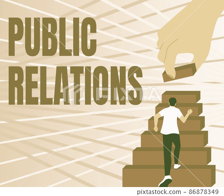 Text sign showing Public Relations. Concept meaning practice managing spread of information between individual Gentleman Climbing Up Stair Case Trying To Reach Goals Defining Progress. Text sign showing Public Relations. Concept meaning practice managing spread of information between individual Gentleman Climbing Up Stair Case Trying To Reach Goals Defining Progress. 86878349