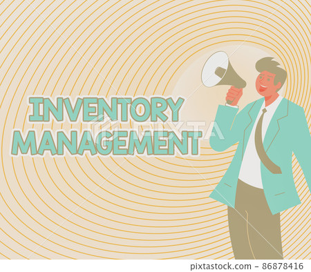 Text sign showing Inventory Management. Word for Overseeing Controlling Storage of Stocks and Prices Illustration Of A Man Pointing Away Holding Megaphone Making New Announcement 86878416