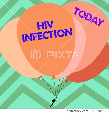 Writing displaying text Hiv Infection. Business approach sexually transmitted infection and a chronic disease Man Holding Colorful Balloons Drawing Flying Around Striped Background. 86878439