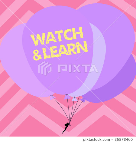 Hand writing sign Watch And Learn. Business showcase Watch And Learn Man Holding Colorful Balloons Drawing Flying Around Striped Background. 86878460