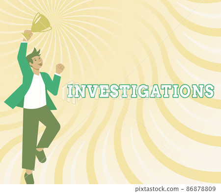 Sign displaying Investigations. Word Written on The formal action or systematic examination about something Gentleman Jumping Excitedly Holding Trophy Showing Accomplishments. Sign displaying Investigations. Word Written on The formal action or systematic examination about something Gentleman Jumping Excitedly Holding Trophy Showing Accomplishments. 86878809