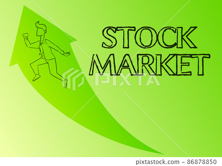 Text sign showing Stock Market. Business approach collection markets exchanges where activities of buying selling Illustration Of Happy Businessman Running Up With Arrow Got His Promotion. 86878850
