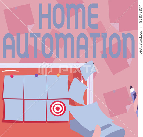 Sign displaying Home Automation. Business approach home solution that enables automating the bulk of electronic Backdrop Presenting Sticky Notes Hands Writing Paper Having Set Goals. 86878874