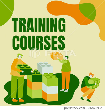 Writing displaying text Training Courses. Internet Concept is series of lessons or lectures teaching skills you need Colleagues Displaying Cube Representing Teamwork Discussing Future Project. 86878934