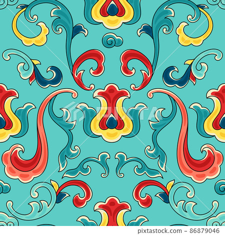 Chinese traditional ceramic ornament seamless pattern. Oriental traditional floral porcelain pottery ornament. 86879046
