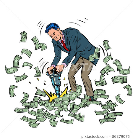 a businessman with a jackhammer gets money. Mining, construction and road works a businessman with a jackhammer gets money. Mining, construction and road works 86879075