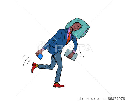 A tired African businessman sleeps on the move. Goes to work in the morning with his head on a pillow A tired African businessman sleeps on the move. Goes to work in the morning with his head on a pillow 86879078