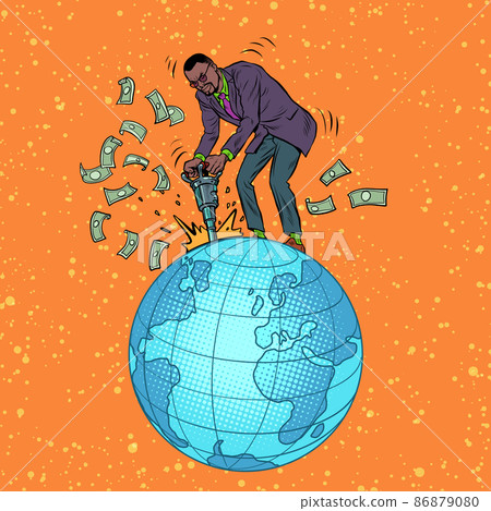 an African businessman with a jackhammer extracts money from the planet earth. Ecology and natural resources. Global Business 86879080