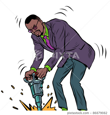 African businessman with a jackhammer, construction and road works. Mining industry 86879082