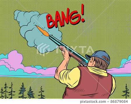 The hunter is a man with a gun shooting. Sports shooting. Hobby 86879084