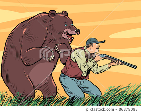 A huge bear and a hunter, a funny scene. a predator has crept up on a man 86879085