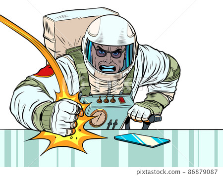 The astronaut boss hits the table with his fist. Emotions in the office. Angry boss 86879087