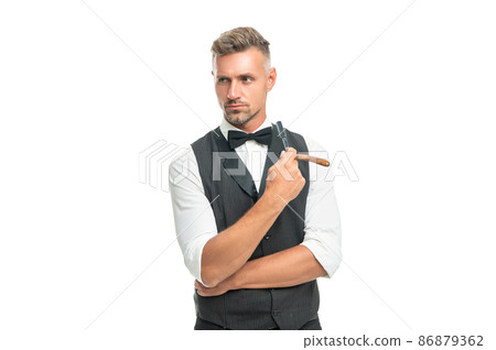 man barber with razor blade in bow tie isolated on white background 86879362