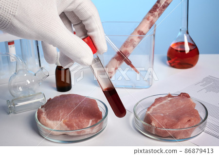 Hand Takes Blood Test Meat Petri - Labs Photo 86879413