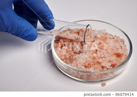 Hand Takes Rose Salt from Petri Dish with Test-Tube 86879414