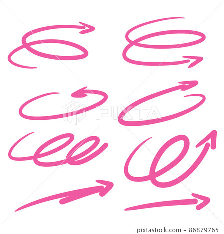 Pink arrow. Abstract oval shape. Zigzag and spiral. Round lines. Repetition symbol. 86879765