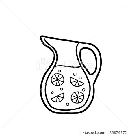 Lemonade in jug. Summer refreshing drink in glass jar with lemon. Outline cartoon illustration 86879772