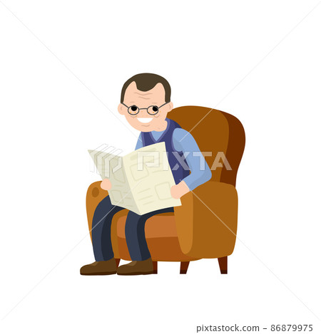 Old man sits in a brown chair and reads newspaper. Lifestyle of senior. Cartoon flat illustration. rest and relax of grandfather with news. Furniture - armchair Old man sits in a brown chair and reads newspaper. Lifestyle of senior. Cartoon flat illustration. rest and relax of grandfather with news. Furniture - armchair 86879975