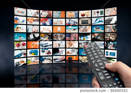 Multimedia video concept on media wall, TV stream 86880381