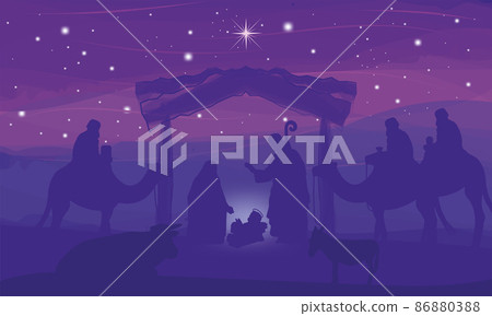 Nativity landscape purple night scene mangel Vector 86880388