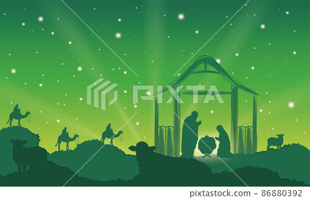 Nativity landscape green night scene mangel Vector 86880392