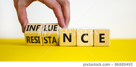 Influence or resistance symbol. Businessman turns cubes, changes the word 'resistance' to 'influence'. Beautiful white background. Copy space. Business and influence or resistance concept. 86880493