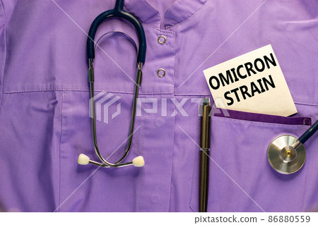 Covid-19 omicron strain variant symbol. Medical uniform, white card with words Omicron strain, metalic pen and stethoscope. Medical and COVID-19 pandemic omicron strain variant virus concept. Covid-19 omicron strain variant symbol. Medical uniform, white card with words Omicron strain, metalic pen and stethoscope. Medical and COVID-19 pandemic omicron strain variant virus concept. 86880559