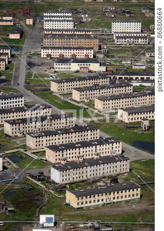 Top view of abandoned buildings in a military town in the Arctic 86880664