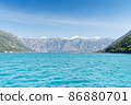 Scenic panoramic landscape view on Bay of Kotor, Montenegro with mountains at sundown. 86880701