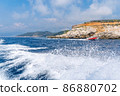 Scenic panoramic landscape view on Bay of Kotor, Montenegro with mountains at sundown. 86880702