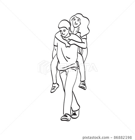 line art man carrying his girlfriend on back...-插圖素材 [86882198] - PIXTA圖庫