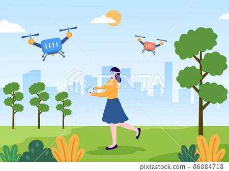 Drone with Camera Remote Control Driven Flying Over to Taking Photography and Video Recording in Flat Cartoon Background illustration 86884718