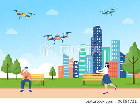 Drone with Camera Remote Control Driven Flying Over to Taking Photography and Video Recording in Flat Cartoon Background illustration 86884721