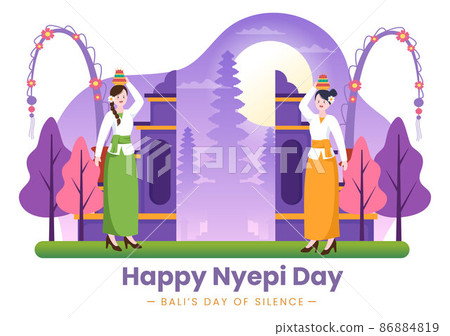 Happy Nyepi Day or Bali's Silence for Hindu Ceremonies in Bali with Galungan, Kuningan and Ngembak Geni in Background of the Temple Illustration 86884819