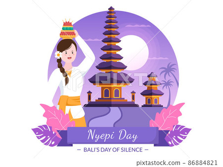 Happy Nyepi Day or Bali's Silence for Hindu Ceremonies in Bali with Galungan, Kuningan and Ngembak Geni in Background of the Temple Illustration 86884821
