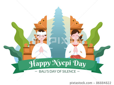 Happy Nyepi Day or Bali's Silence for Hindu Ceremonies in Bali with Galungan, Kuningan and Ngembak Geni in Background of the Temple Illustration Happy Nyepi Day or Bali's Silence for Hindu Ceremonies in Bali with Galungan, Kuningan and Ngembak Geni in Background of the Temple Illustration 86884822