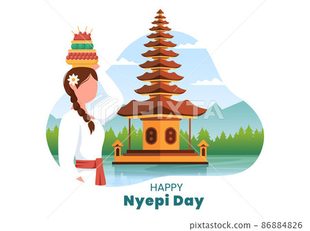 Happy Nyepi Day or Bali's Silence for Hindu Ceremonies in Bali with Galungan, Kuningan and Ngembak Geni in Background of the Temple Illustration Happy Nyepi Day or Bali's Silence for Hindu Ceremonies in Bali with Galungan, Kuningan and Ngembak Geni in Background of the Temple Illustration 86884826