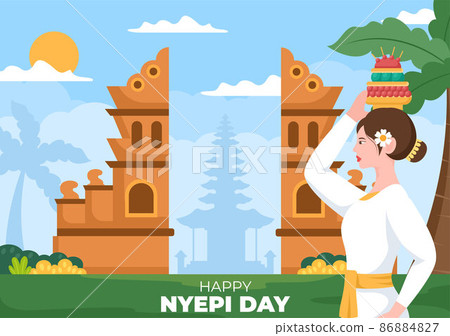 Happy Nyepi Day or Bali's Silence for Hindu Ceremonies in Bali with Galungan, Kuningan and Ngembak Geni in Background of the Temple Illustration Happy Nyepi Day or Bali's Silence for Hindu Ceremonies in Bali with Galungan, Kuningan and Ngembak Geni in Background of the Temple Illustration 86884827