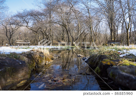 A view of a beautiful park in a region where snow remains A view of a beautiful park in a region where snow remains 86885960