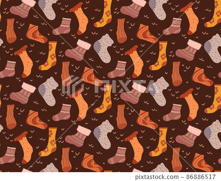 Vector cozy seamless pattern with warm socks in brown colors. Texture with knitted clothes for legs. Wallpaper with stockings and golfs. 86886517