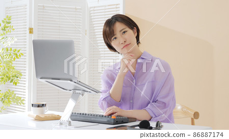 在家工作,擔心的女性 在家工作,擔心的女性 86887174