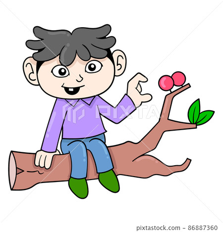 kid is sitting on a tree branch picking up red berries, doodle icon image kawaii 86887360