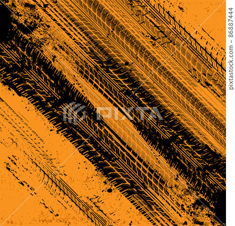 Tire tracks on orange background Tire tracks on orange background 86887444