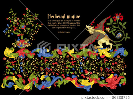 Floral and animal vintage Medieval illuminati manuscript inspiration. Floral and animal vintage Medieval illuminati manuscript inspiration. 86888735