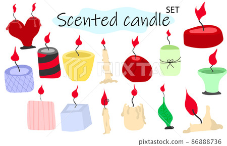A set of scented candles with a burning fire. Candles for interior, lighting and romantic dates. Aromatherapy. Vector illustration in color design on a white background. A set of scented candles with a burning fire. Candles for interior, lighting and romantic dates. Aromatherapy. Vector illustration in color design on a white background. 86888736