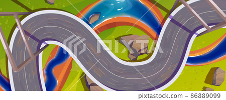 Winding highway over green field, river and rocks Winding highway over green field, river and rocks 86889099