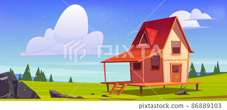 Cottage on green field, wooden house on stilts Cottage on green field, wooden house on stilts 86889103