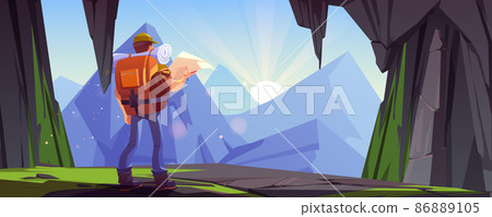 Hiker man on mountain ledge at morning 86889105
