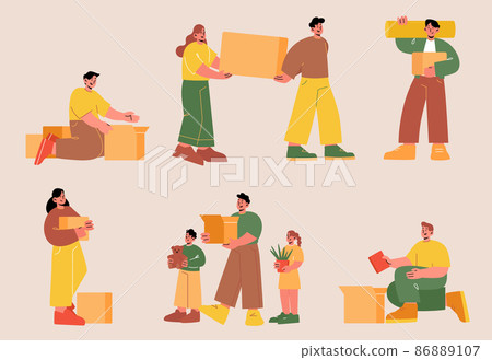 Family move to new house and packing boxes Family move to new house and packing boxes 86889107